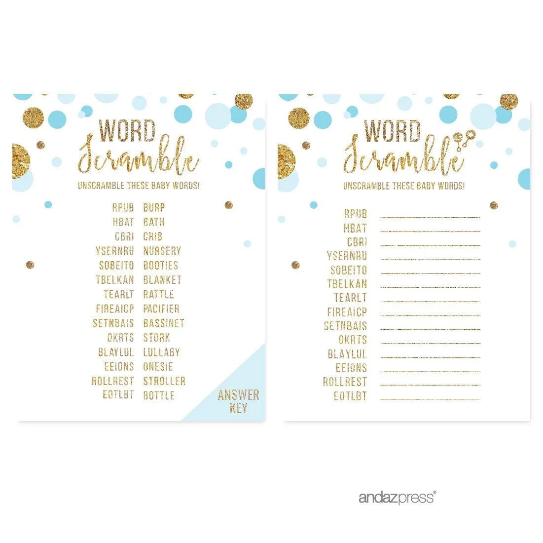 Word Scramble Game Baby Blue Gold Glitter Baby Shower Games, 20-Pack