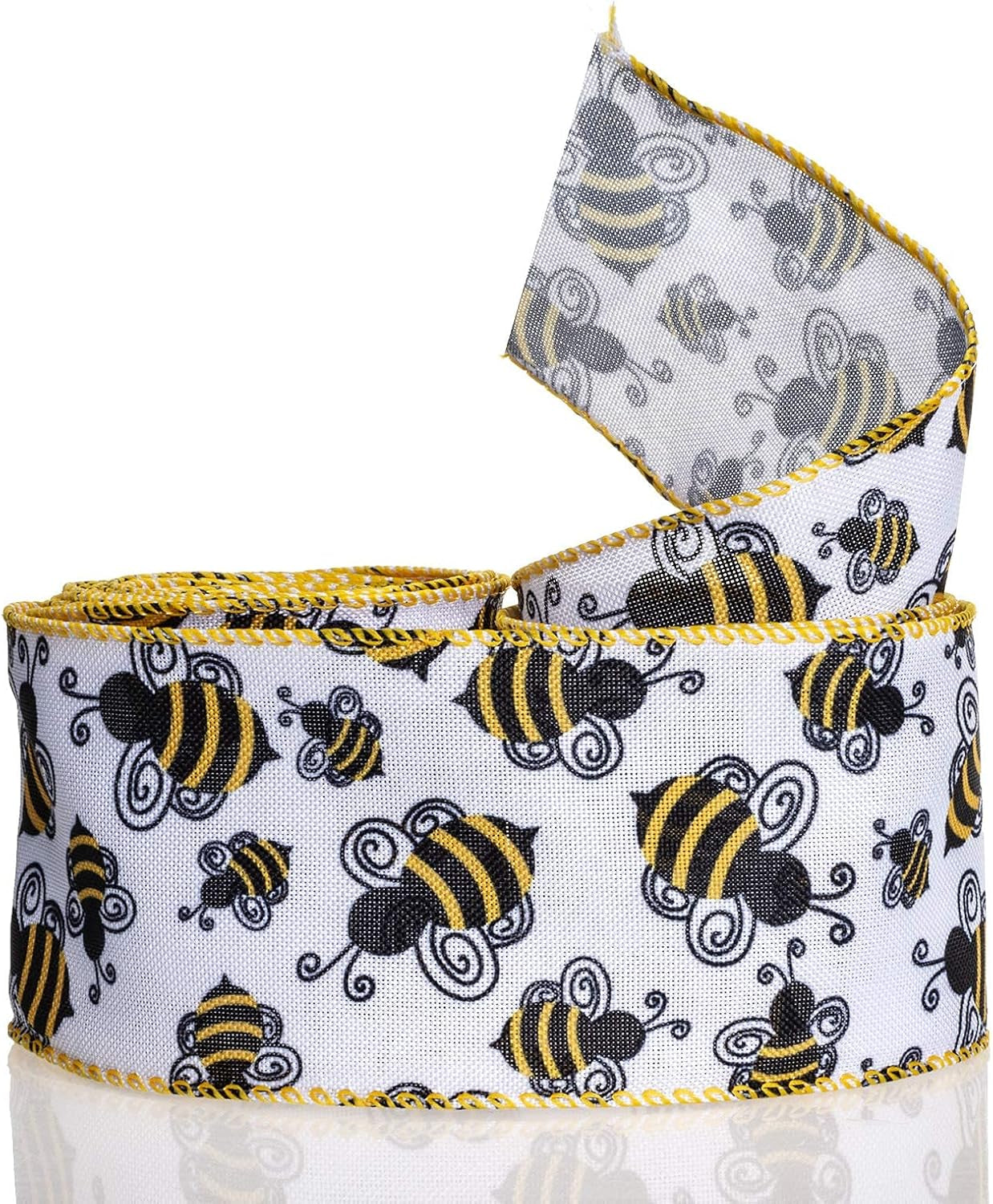 Bumble Bee Wired Edge Ribbon, Honeybee Print Ribbon for Wreaths, Gift Wrapping and Party Decoration, 10 Yards by 2.5 Inches