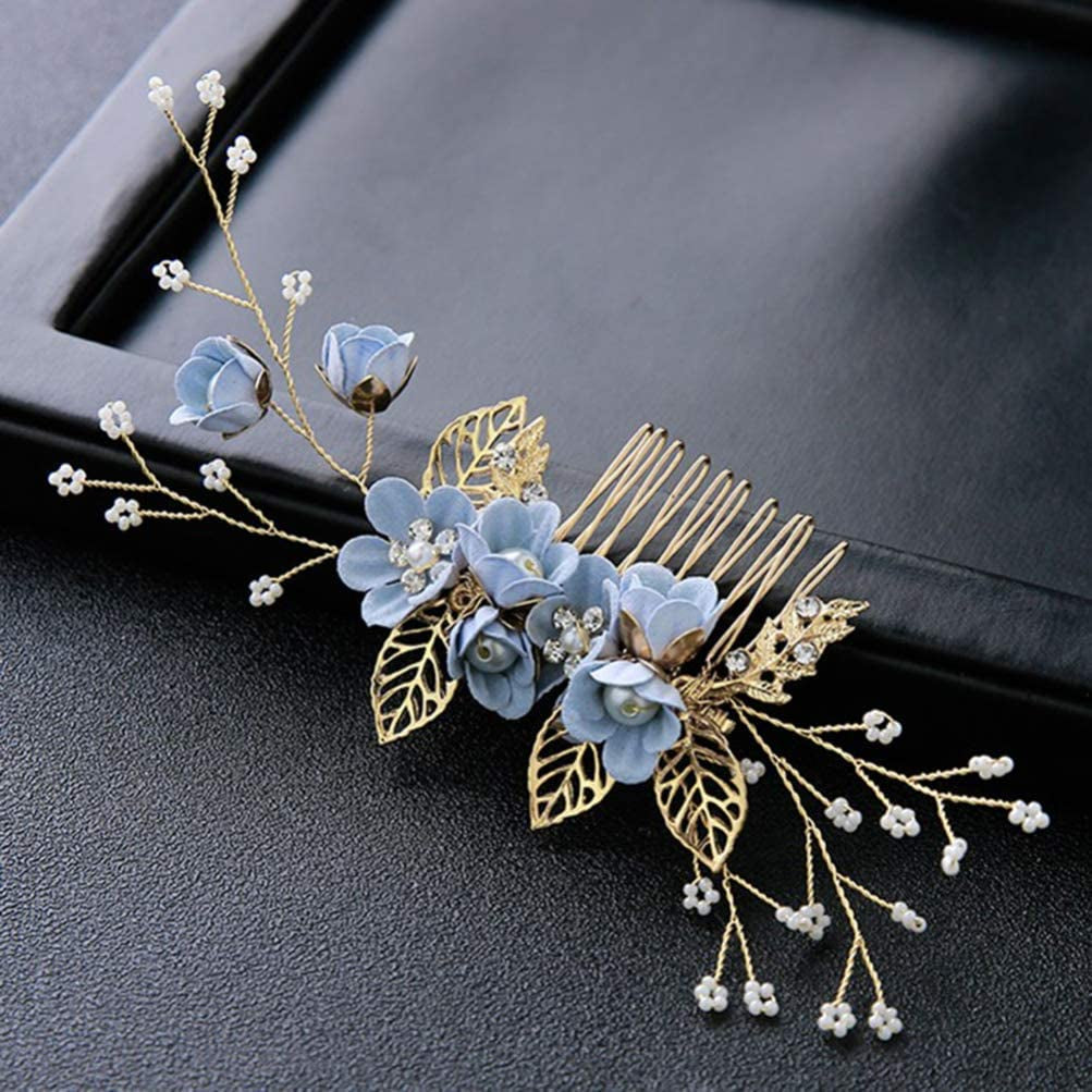 4Pcs Blue Wedding Hair Piece Blue Hair Accessories Hairpins Set, Decorative Pearl Comb, Flower Bridal Hair Set, Hair Accessories for Brides Girls Hair Combs Hair Jewelry