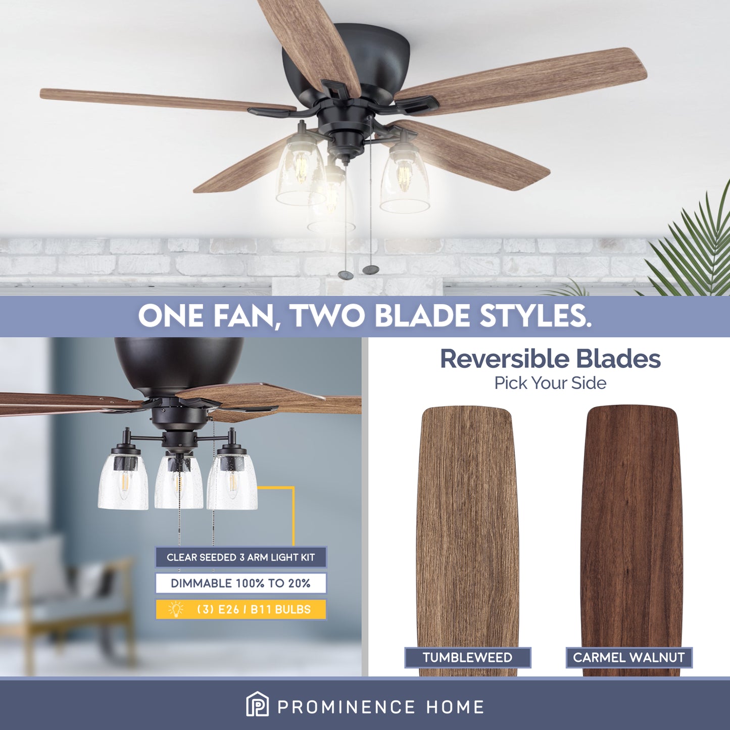 Arthur 52" Bronze Farmhouse Flushmount Ceiling Fan with 5 Blades, Remote & Reverse Airflow