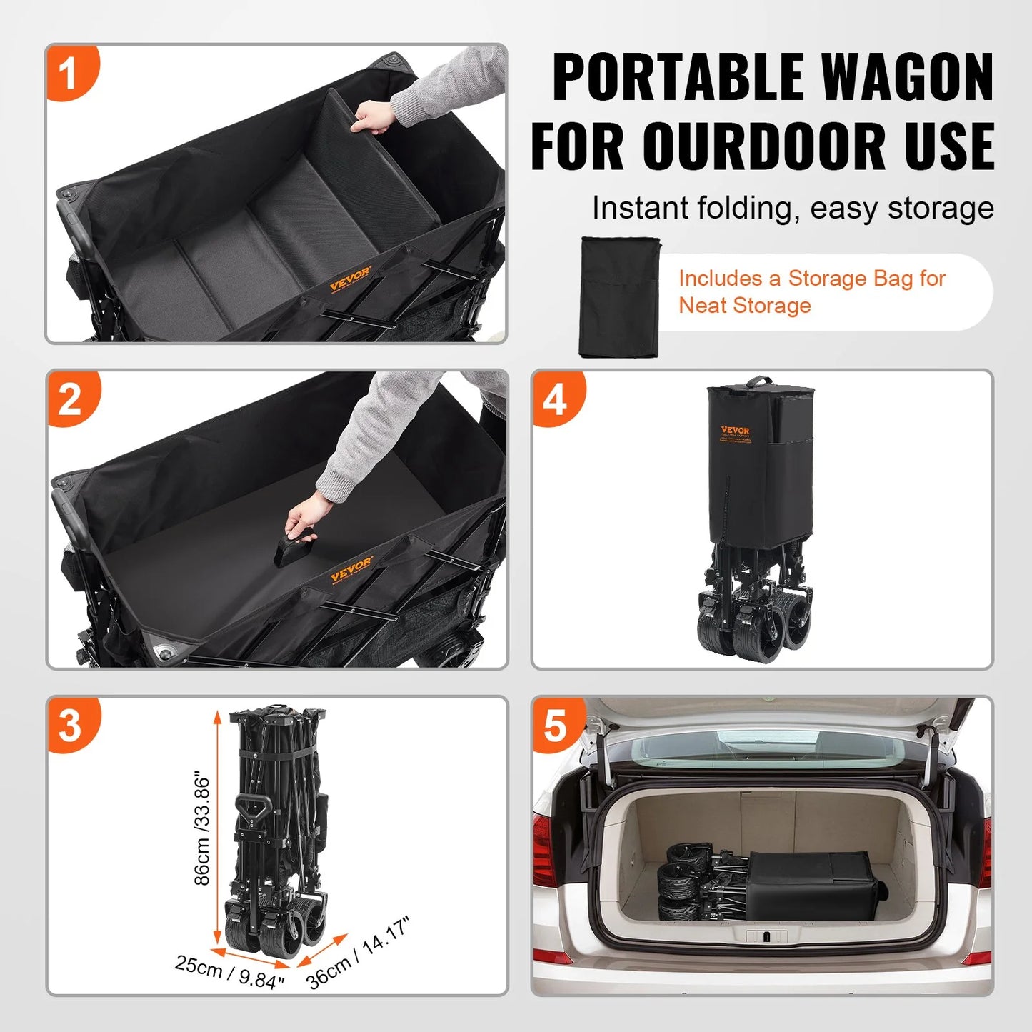 VEVOR Foldable Double Decker Wagon, 400L Collapsible Wagon Cart with All-Terrain Wheels, Heavy Duty Folding Wagon Cart 450 Lbs Weight Capacity for Camping, Shopping, Garden, 52 Extra Long Extender