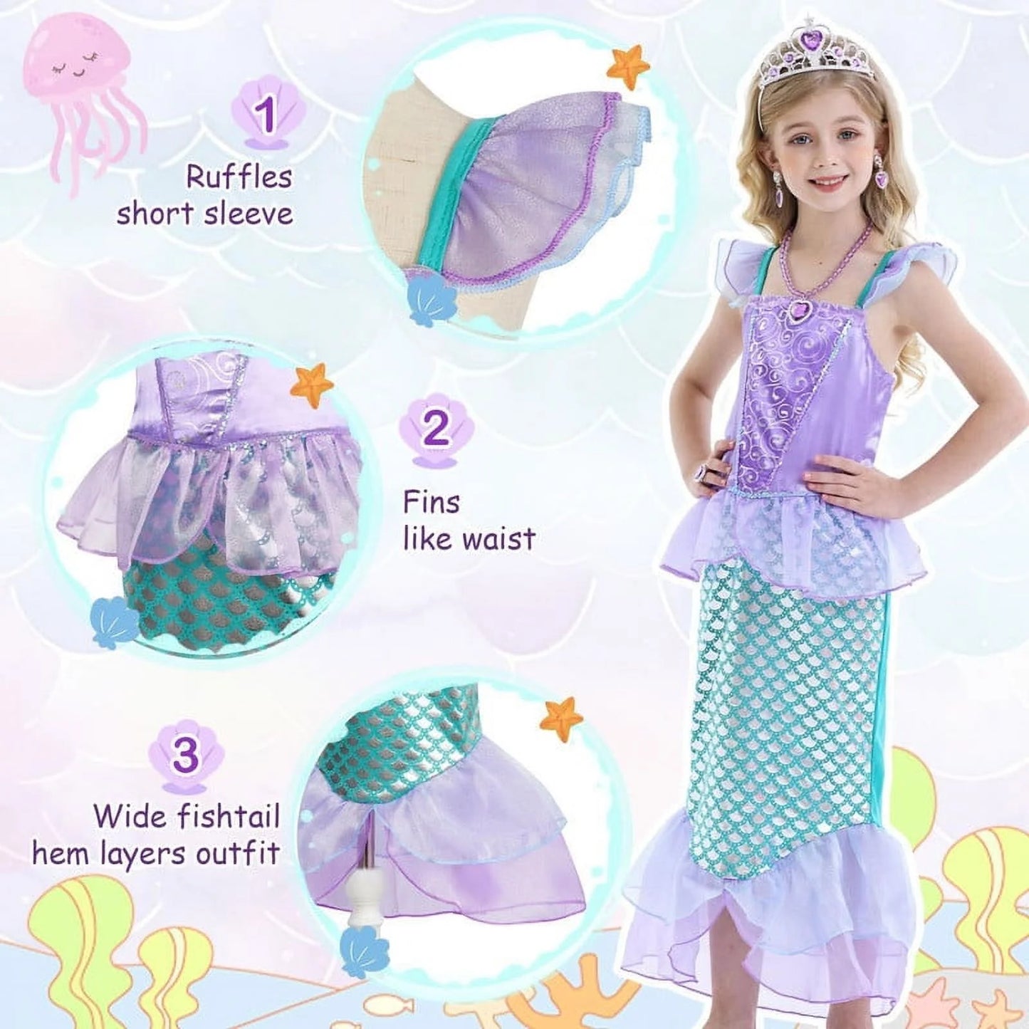 Mermaid Dresses for Girl Ariel Princess Dress up Clothes Mermaid Costume up Kids Birthday Party Cosplay Role Play Clothes 140 Cm 9-10 Years