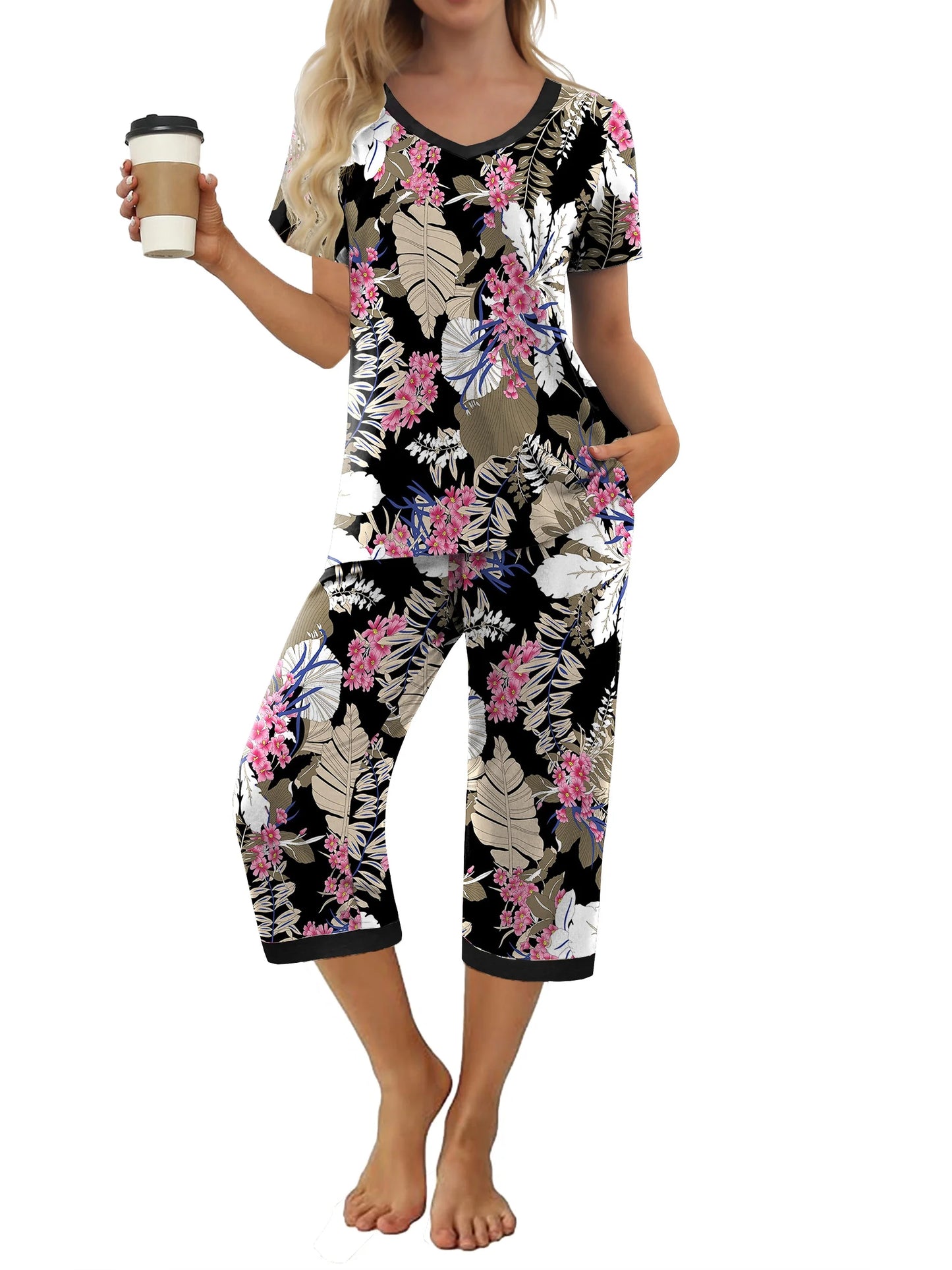 Women'S Pajama Sets Short Sleeve Shirt and Capri Soft Pajama Sets with Pockets
