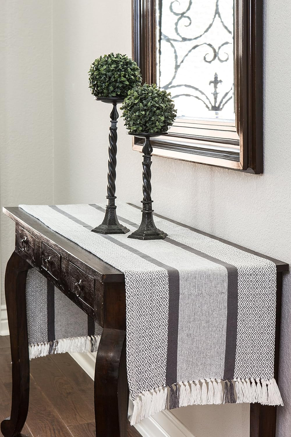 Table Runner Cotton Farmhouse Boho 14X72 In, Table Décor for Kitchen or Dining, Gray Cloth Woven Striped Table Runners