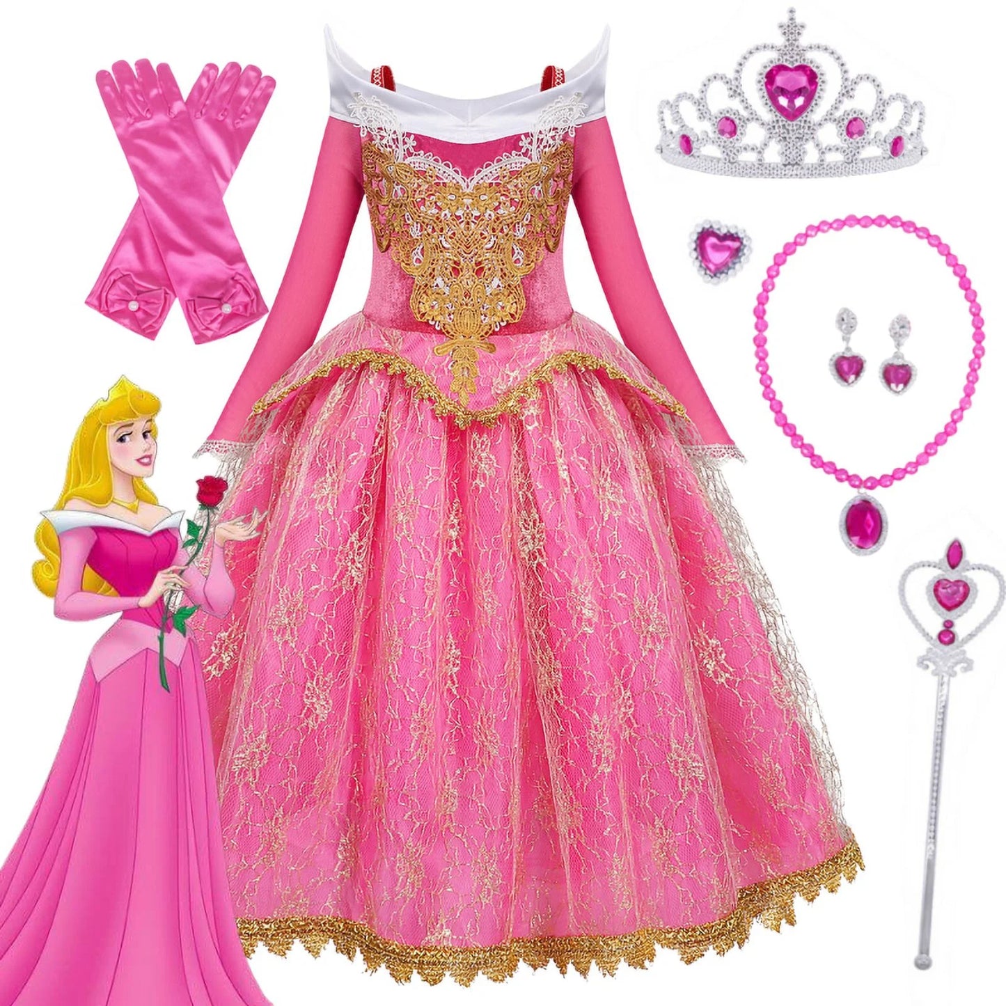 Girls Princess Dress up Aurora Fancy Dresses Birthday Party Cosplay for Kids Evening Gown with Accessories
