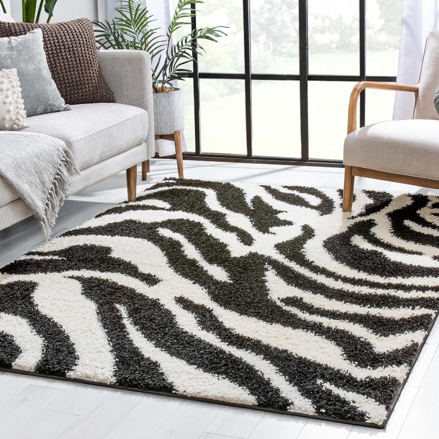 Madison Shag Safari Zebra Black Animal Print Area Rug 5' X 7'2''