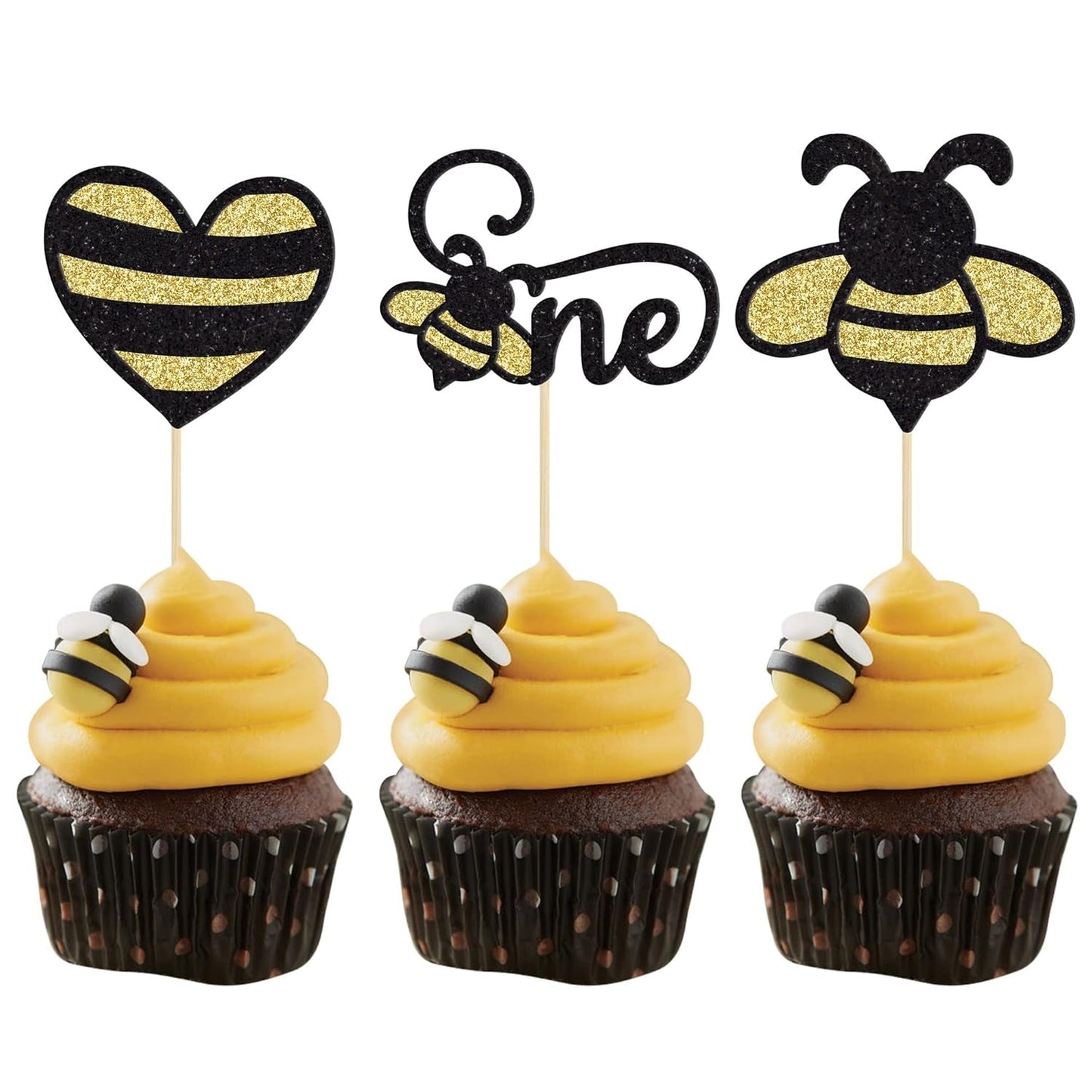 24Pcs Bumble Bee One Cupcake Toppers Heart Bumble Bee Cake Decorations for Boy Girl 1St Birthday Decorations Bee Baby Shower Beehive Honey Party Supplies