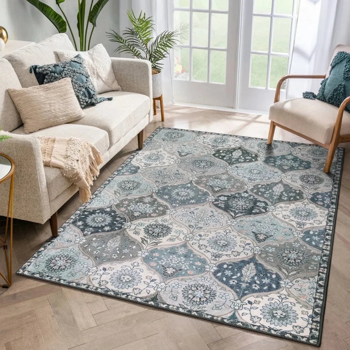 5'X7' Area Rug for Living Room Non-Slip Moroccan Indoor Washable Rug Ultra-Thin Foldable Soft Carpet Floral Accent Throw Rug for Kitchen Entryway Bathroom Bedroom Office Carpet,Grey