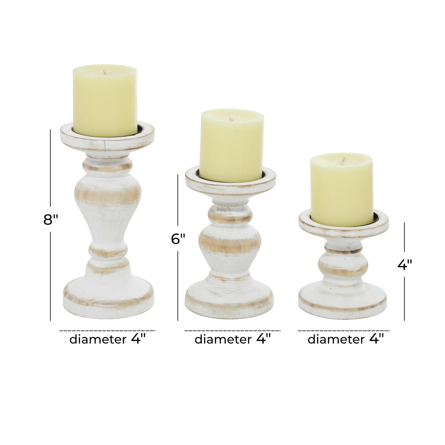 Farmhouse White Washed Wooden Curved Pillar Candle Holders Set of 3, 8", 6", 4"H Natural Distressed Finish