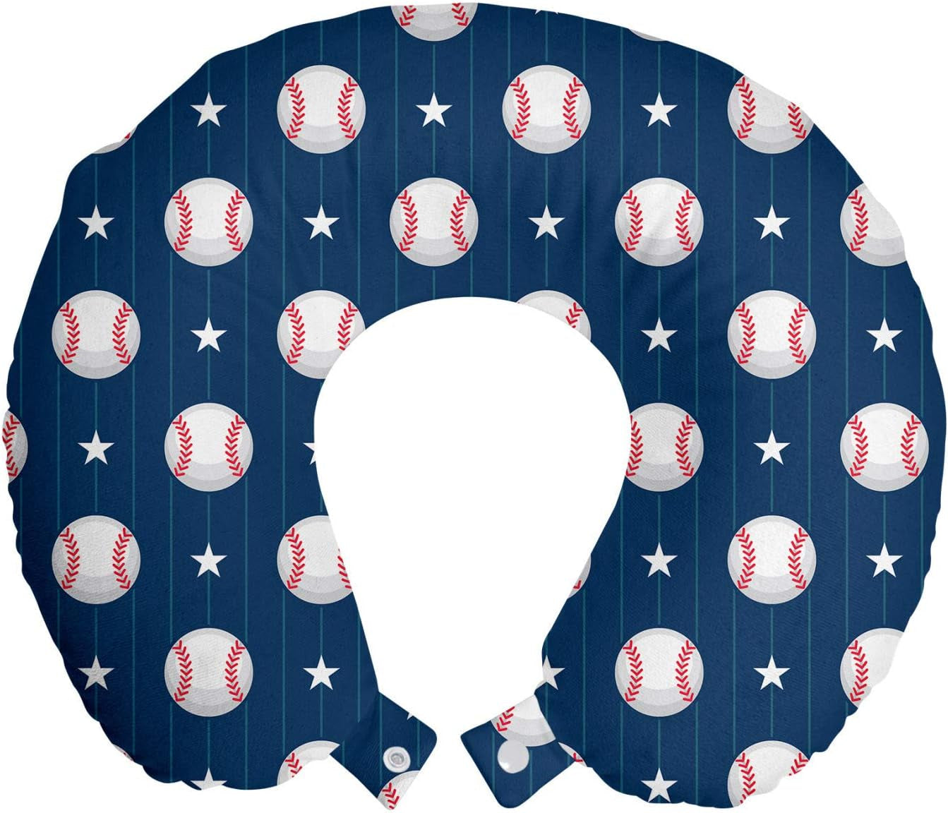 Sports Travel Pillow Neck Rest, Baseball Patterns on Vertical Striped Background Stars Design, Memory Foam Traveling Accessory for Airplane and Car, 12", Blue Red