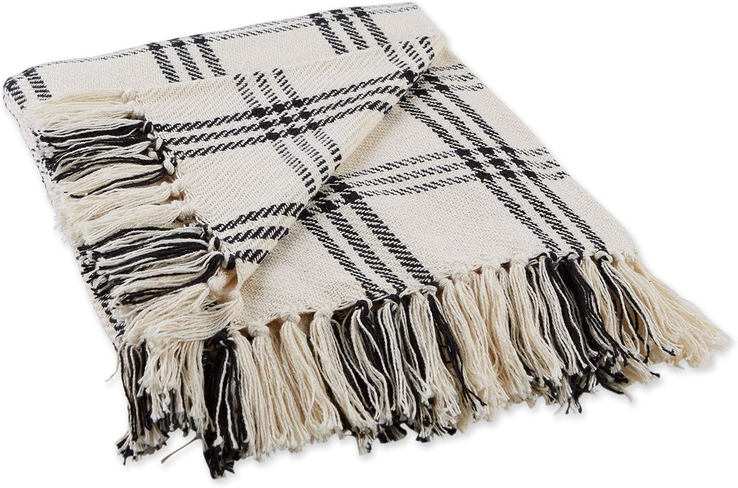 Modern Farmhouse Plaid Collection Cotton Fringe Throw Blanket, 50X60, White/Black