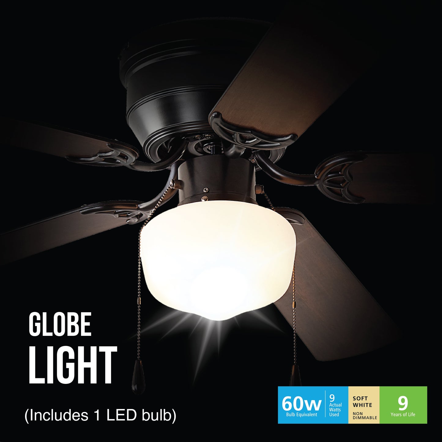 52 Inch Hugger Indoor Ceiling Fan with Light Kit, Black, 5 Blades,, Reverse Airflow