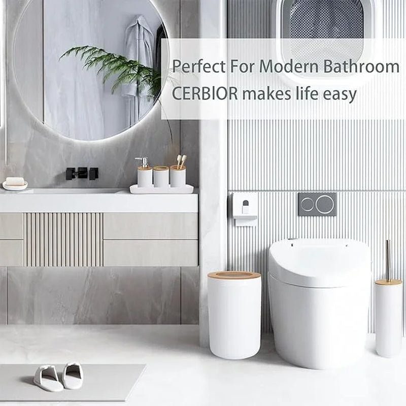 Bamboo Bathroom Accessory Set, 6 Pieces Bath Set- Soap Dish Toothbrush Holder Rinse Cup Lotion Bottle Trash Can Toilet Brush - Practical Toilet Kit for Home Washing Room,White