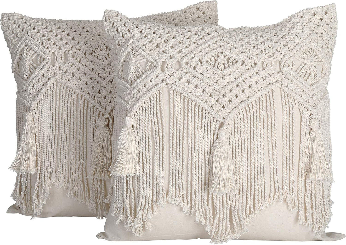 Boho Throw Pillow Covers 18X18, Macrame Decorative Pillow Covers, Modern Farmhouse Bohemian Pillowcases for Bed, Couch or Sofa, Set of 2 Farmhouse Pillow Covers with Tassels, Natural White