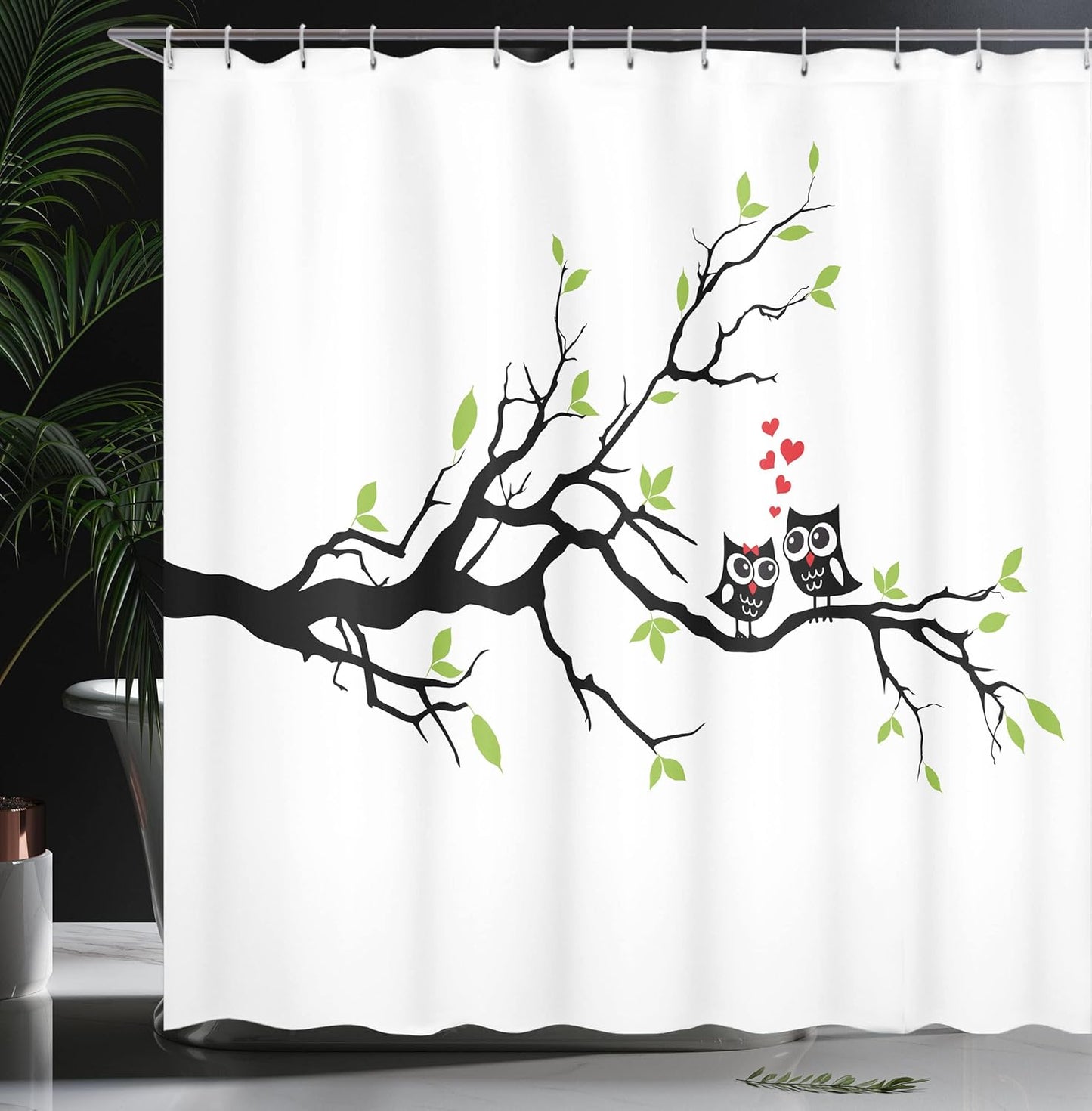 Owls Shower Curtain, Owls in Love Sitting on a Branch Leaf Leaves Hearts Romance Themed Artwork, Cloth Fabric Bathroom Decor Set with Hooks, 69" W X 70" L, Green Apple