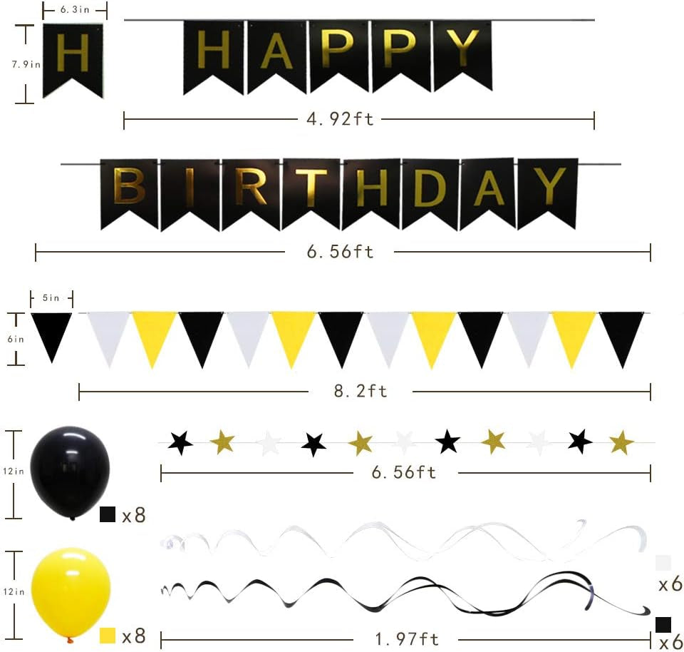 Yellow Black Party Decoration - Happy Birthday Banner with Balloons, Triangular Pennants, Hanging Swirls, Paper Fans, Circle Star Paper Garland for Baby Shower Bumble Bee Theme