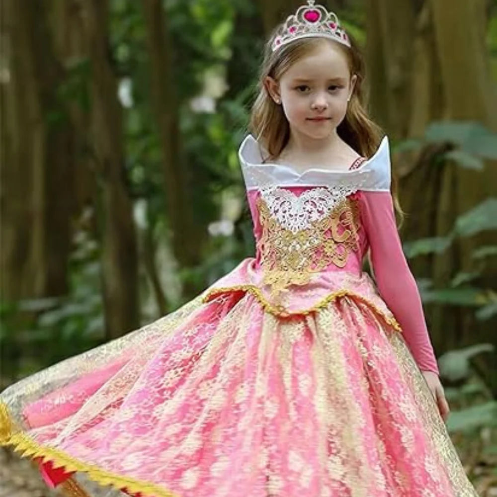 Girls Princess Dress up Aurora Fancy Dresses Birthday Party Cosplay for Kids Evening Gown with Accessories