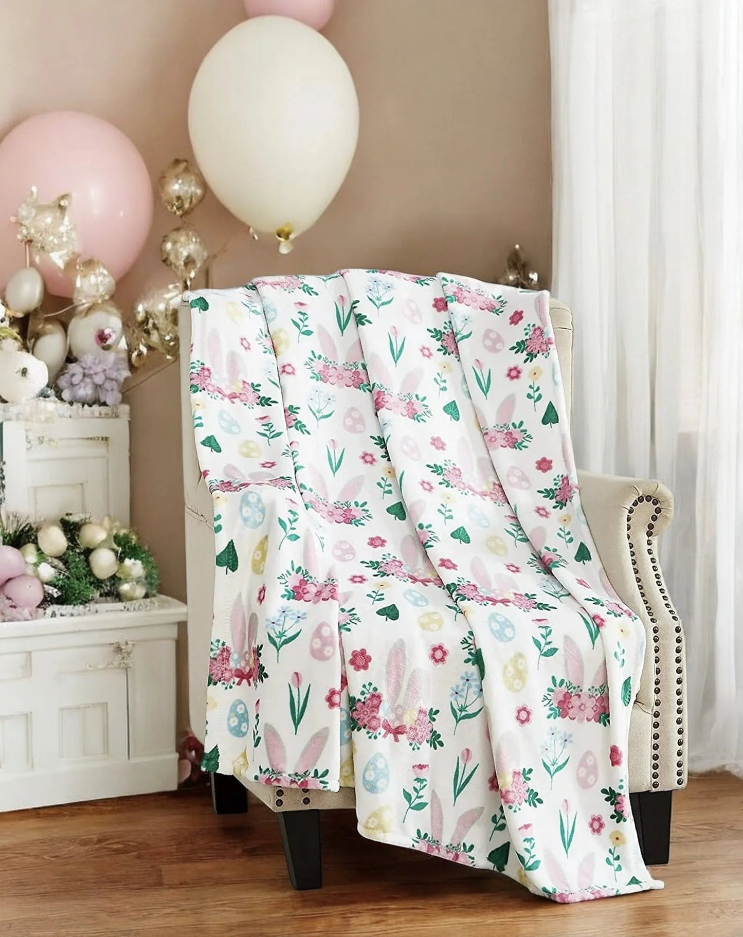 Easter Spring Flowers and Eggs Velvet Fleece Throw Blanket, 50" X 70"