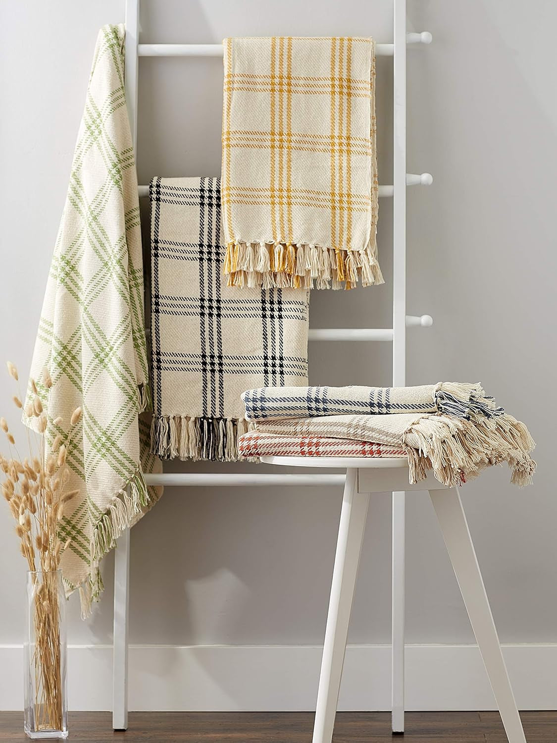 Modern Farmhouse Plaid Collection Cotton Fringe Throw Blanket, 50X60, White/Black