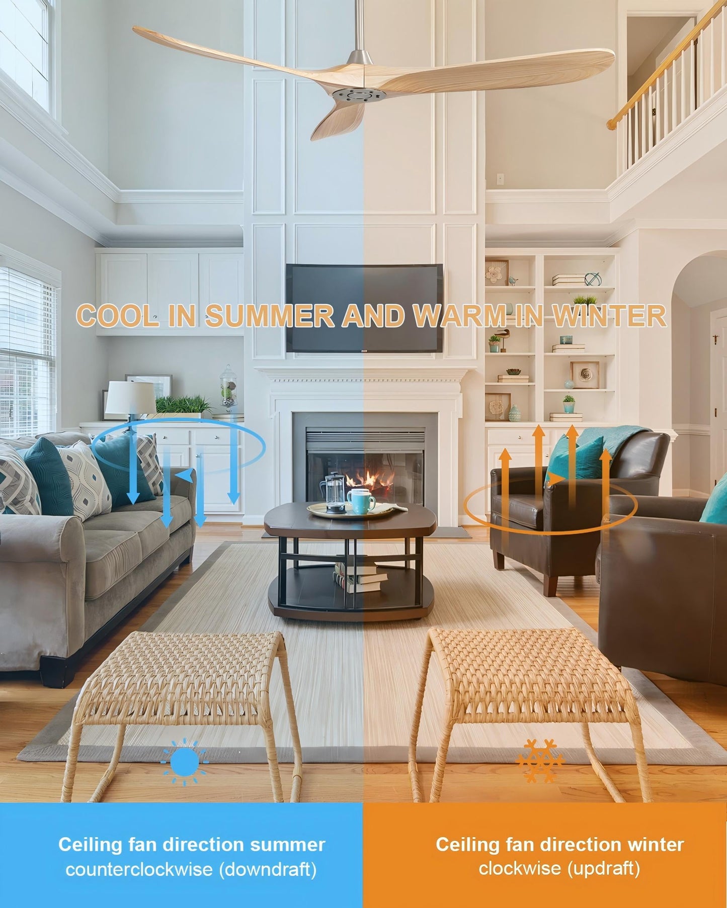 60" Modern Farmhouse Ceiling Fan with Remote Control No Lights, 3 Blades Reverse Airflow,Nickel