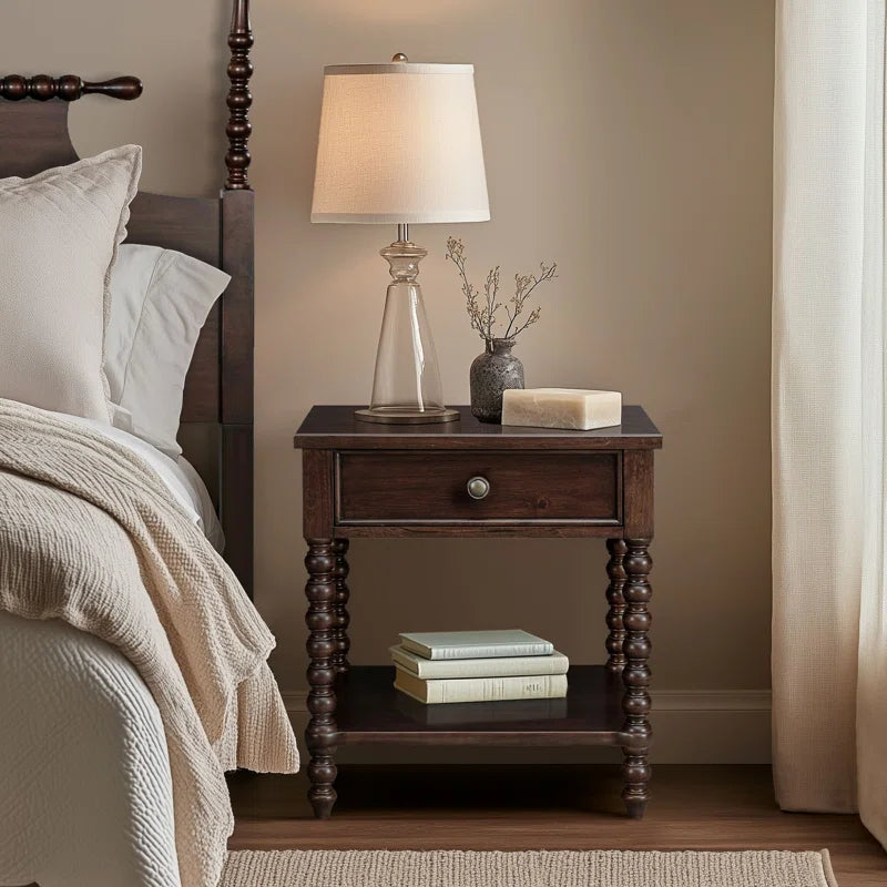 Beckett Turned Wood Spindle Nightstand with Drawer & Shelf