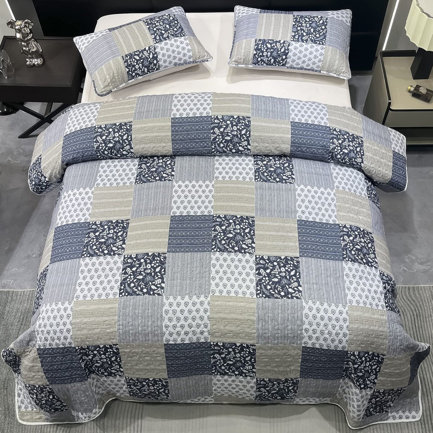 Oversized King Size Quilt Set 128X120 Grey Plaid Patchwork Extra Wide Super K...