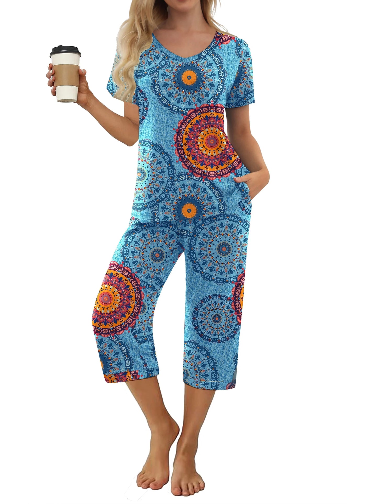 Women'S Pajama Sets Short Sleeve Shirt and Capri Soft Pajama Sets with Pockets