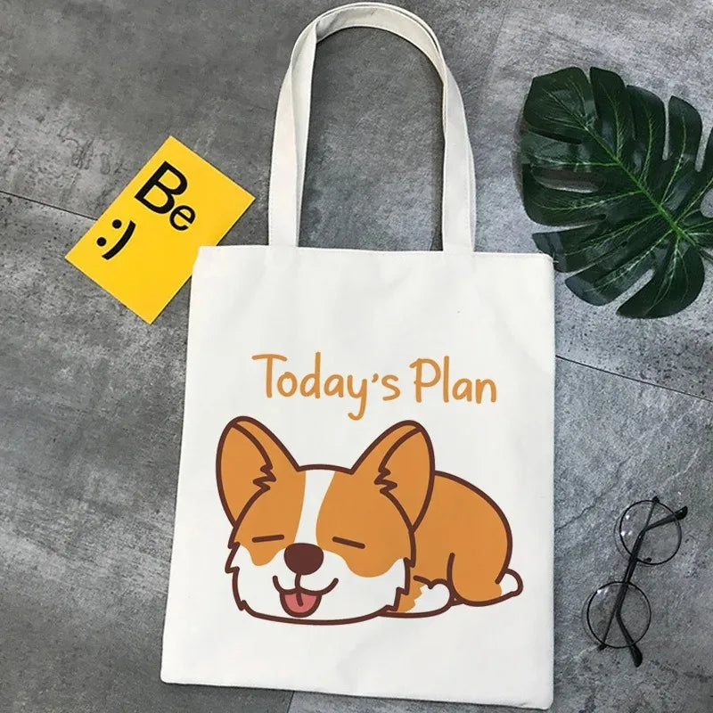 Corgi Dog Cartoon Funny Shopping Bag Graphic Tote Handbag Harajuku Shopper Bag for Women Eco Large-Capacity Female Shoulder Bag