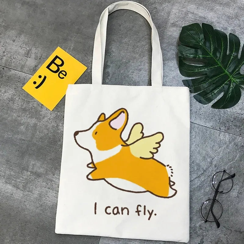 Corgi Dog Cartoon Funny Shopping Bag Graphic Tote Handbag Harajuku Shopper Bag for Women Eco Large-Capacity Female Shoulder Bag
