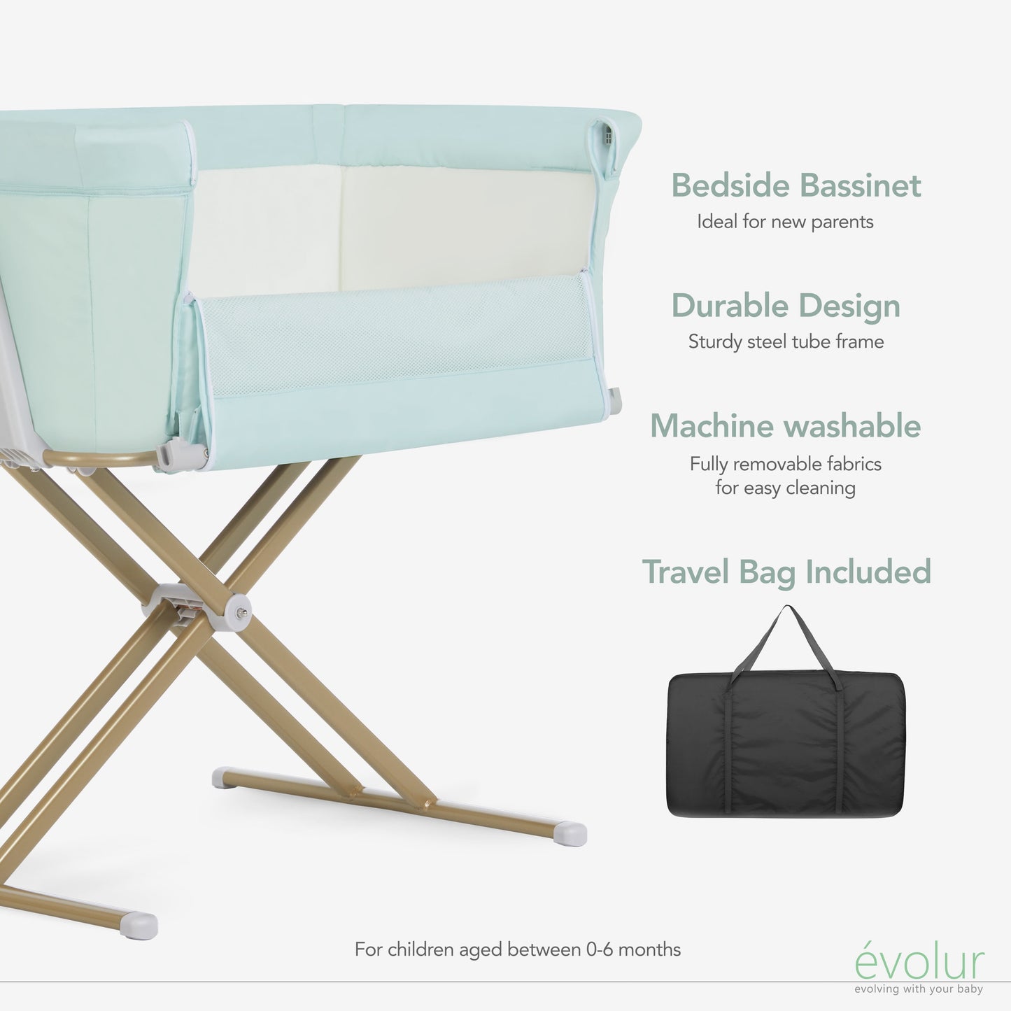 Orabelle Bedside Bassinet and Sleeper for Baby in Mint, Easy to Fold and Carry
