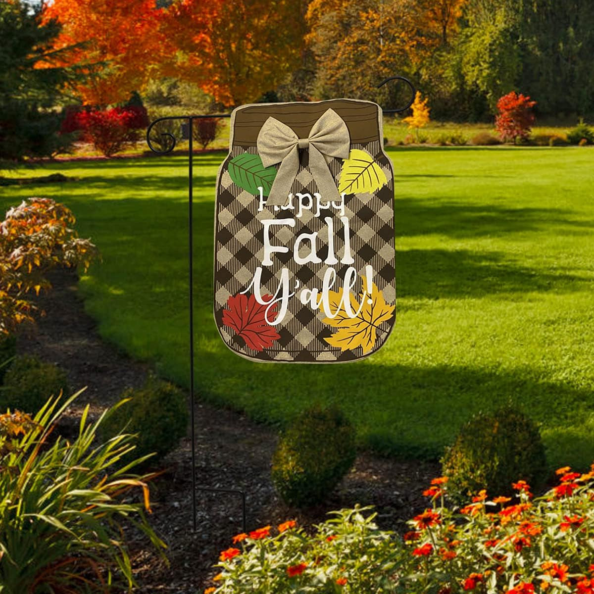 Fall Mason Jar Burlap Garden Flag Happy Fall Y'All 12.5" X 18"