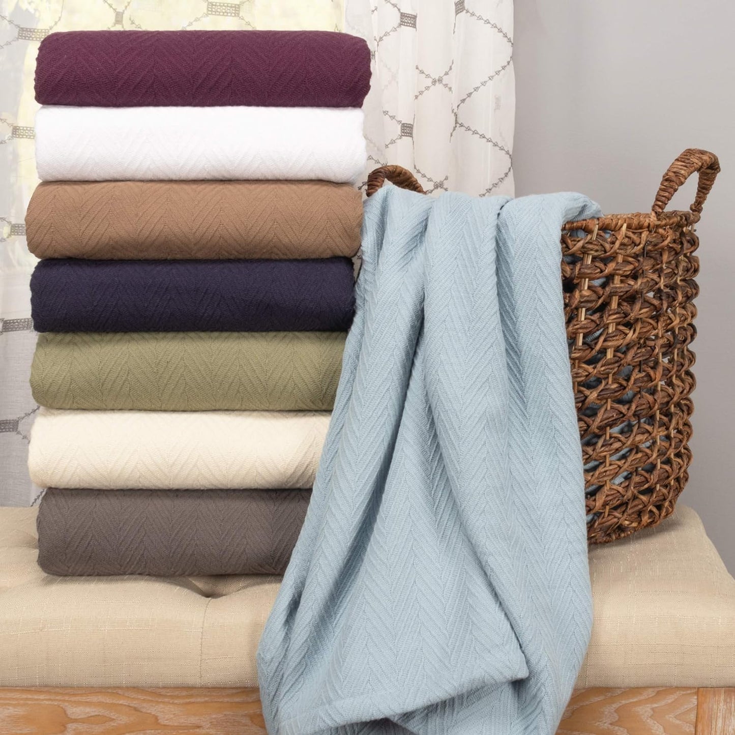 Metro All-Season Cotton Blanket, Woven Blanket for Couch, Bed, Bedding, Farmhouse, Home Essentials, Cute and Cozy Bohemian Blankets, Herringbone Weave, Full/Queen, Charcoal
