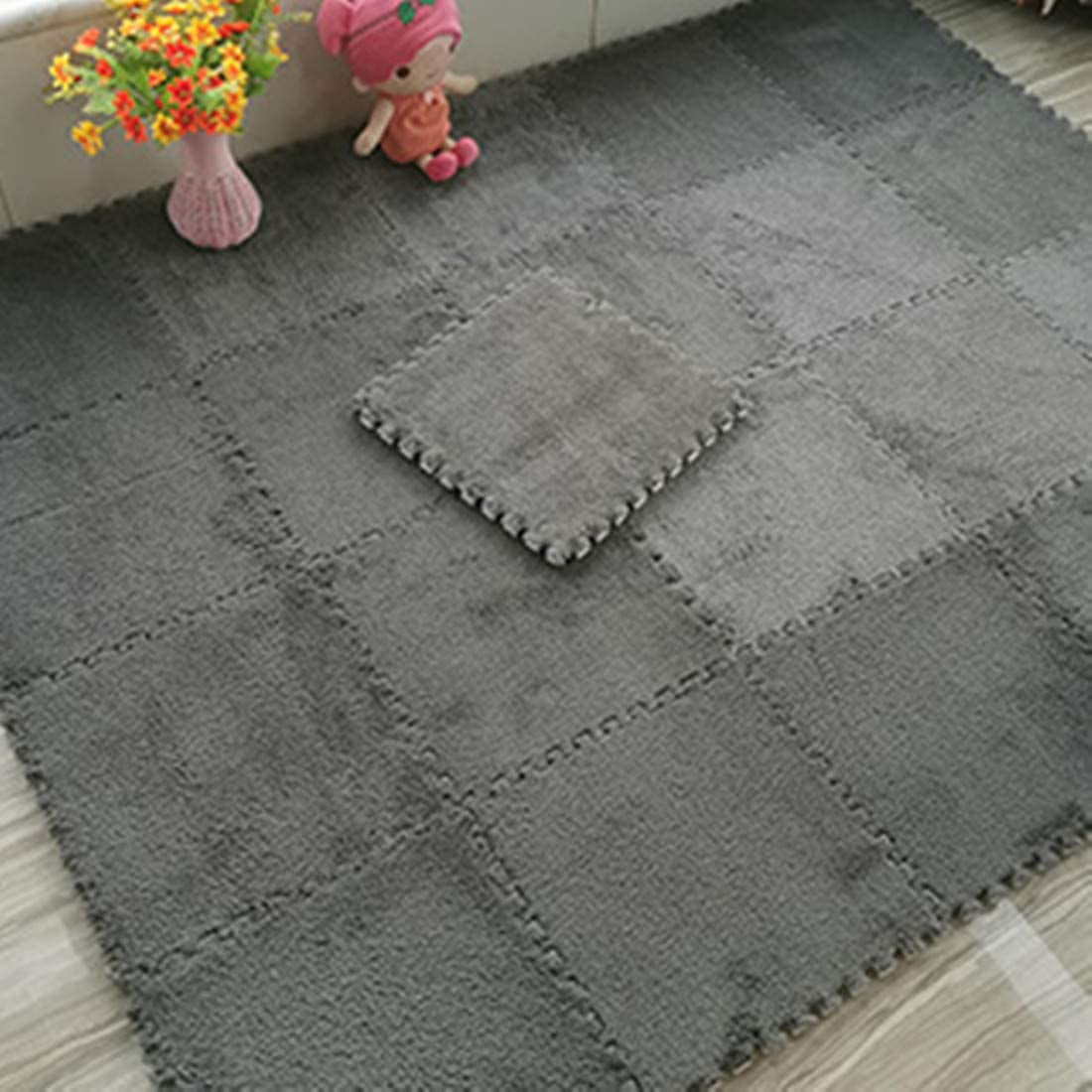 Interlocking Carpet Shaggy Soft EVA Foam Mats Fluffy Area Rugs Protective Floor Tiles Exercise Play Mat for Children Kids Room Home Parlor Bedroom (12 Pcs, Gray)