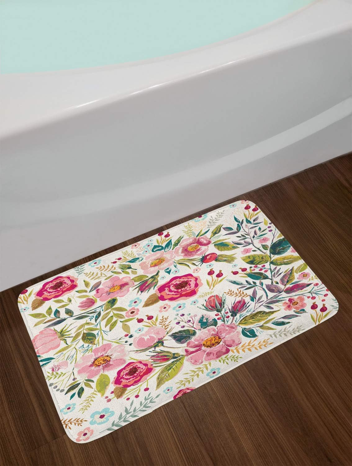 Floral Bath Mat, Shabby Form Flowers Roses Petals Dots Leaves Buds Spring Season Theme Image Art, Plush Bathroom Decor Mat with Non Slip Backing, 30.2" X 20", Rose