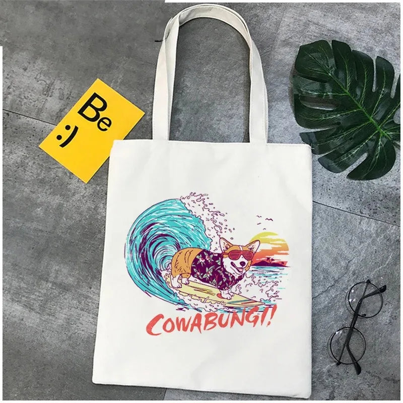 Corgi Dog Cartoon Funny Shopping Bag Graphic Tote Handbag Harajuku Shopper Bag for Women Eco Large-Capacity Female Shoulder Bag