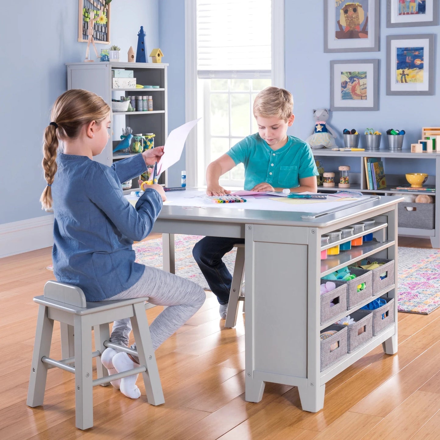Kids' Art Wooden Table and Stool Set with Paper, Creamy White