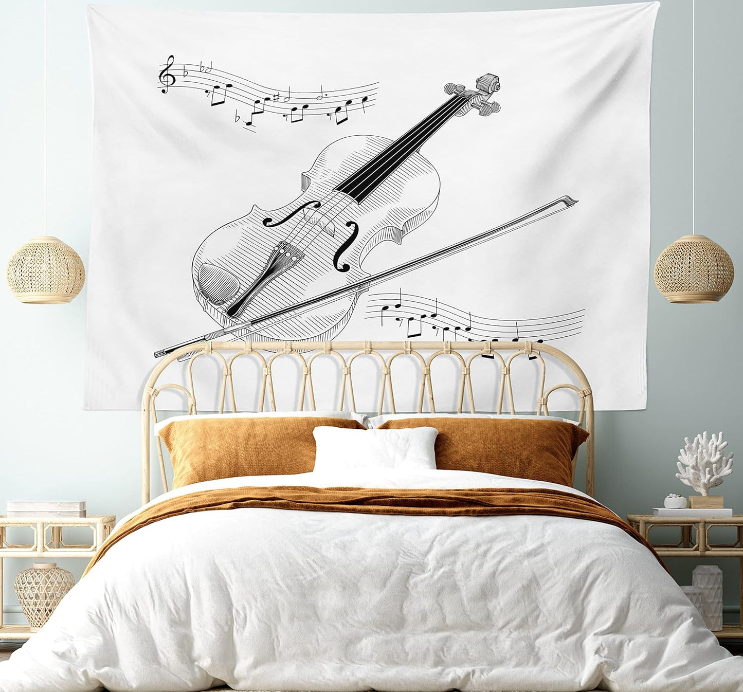 Violin Tapestry, Symphony Classical High Art Music Instrument Performing Cello Orchestra Print, Fabric Wall Hanging Decor for Bedroom Living Room Dorm, 45" X 30", Black and White