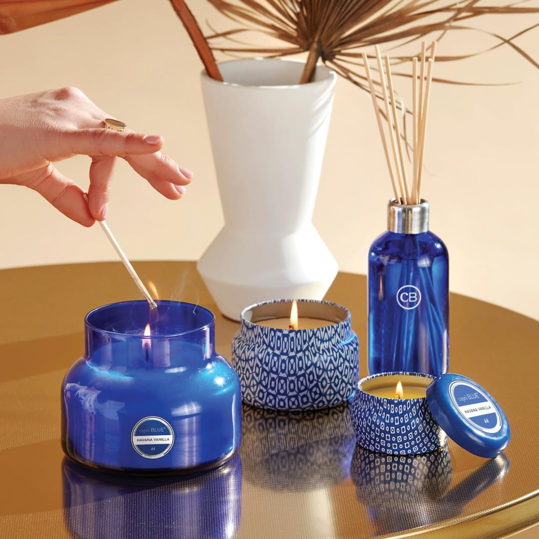 Signature Jar Candles - Long Lasting Soy Wax Blend - Luxury Tropical Scented Candles - Comes in Blue Decorative Glass Jar (Havana Vanilla, 8 Oz)