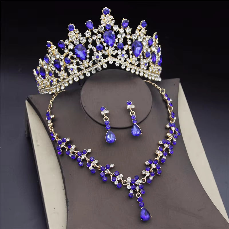 Luxury Crystal Bridal Jewelry Sets for Women Pink Tiaras Necklaces Earrings Set Bride Wedding Dress Birthday Crown Set Accessory