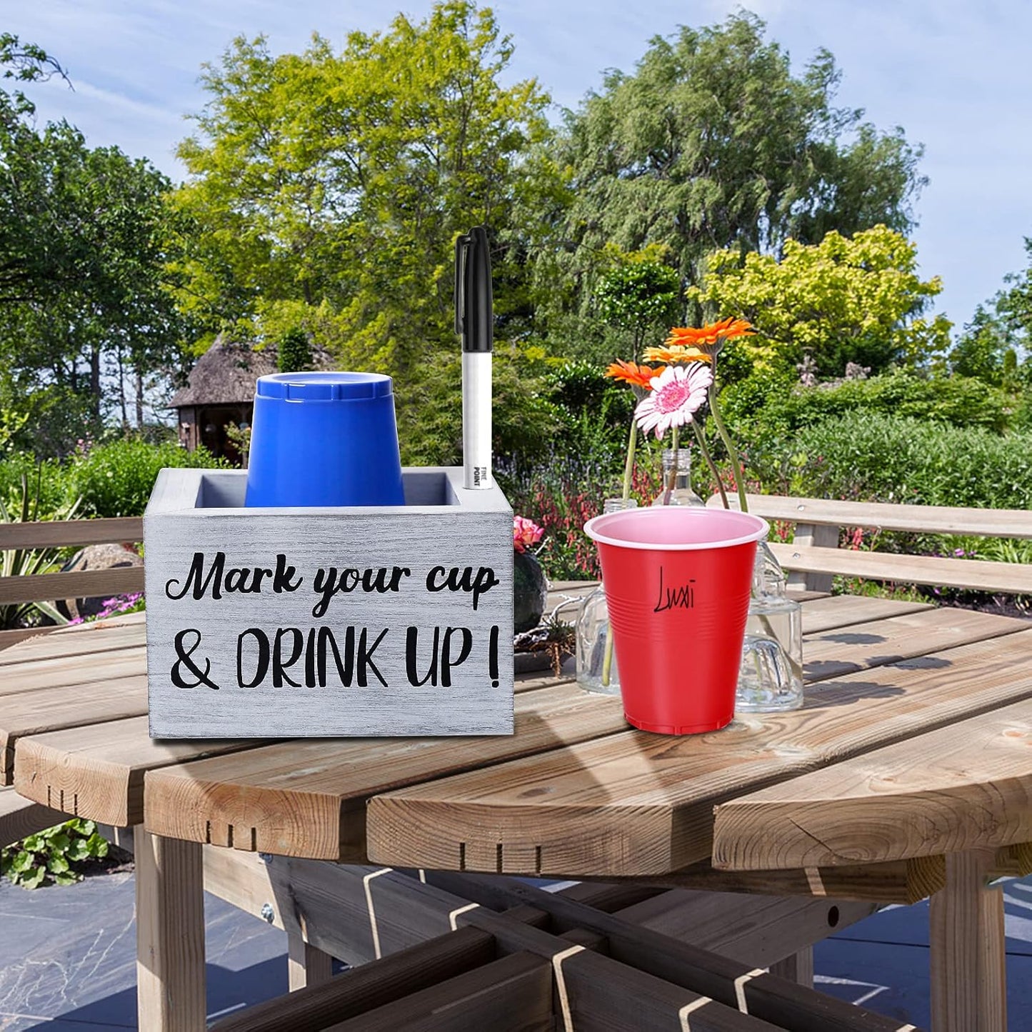 Disposable Cup Holder with Marker Slot Mark Your Cup and Drink up Dispenser Wooden Cup Organizer Farmhouse Rustic Bar Wedding Party Housewarming Decor Hostess Bridal Couples Gift