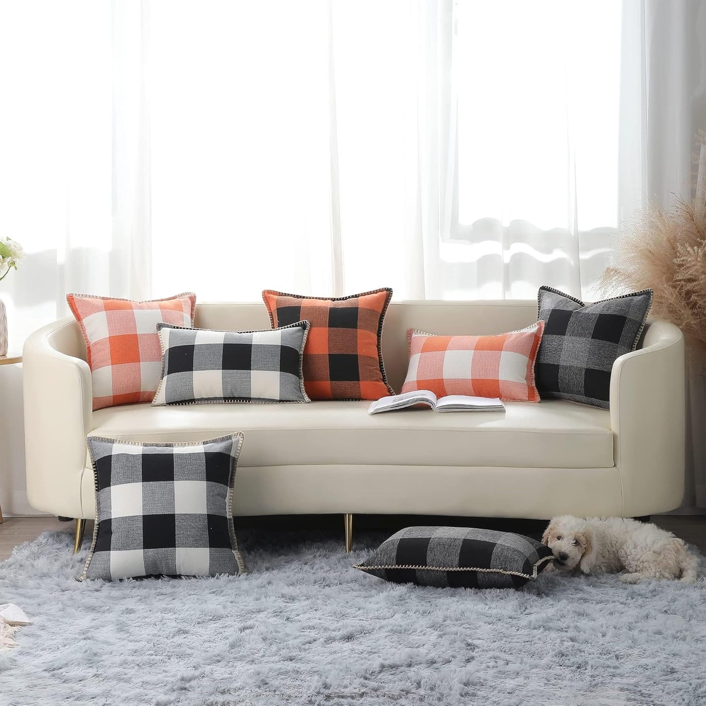 Buffalo Plaid Check Spring Throw Pillow Covers 20X20 Set of 2, Outdoor Decorative Farmhouse Pillow Covers with Stitched Edge for Bed Couch Sofa, Black and White