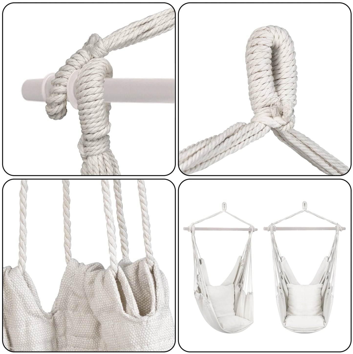 Hanging Rope Hammock Chair Swing Seat for Any Indoor or Outdoor Spaces- Max. 265 Lbs -2 Seat Cushions Included (Large, White)