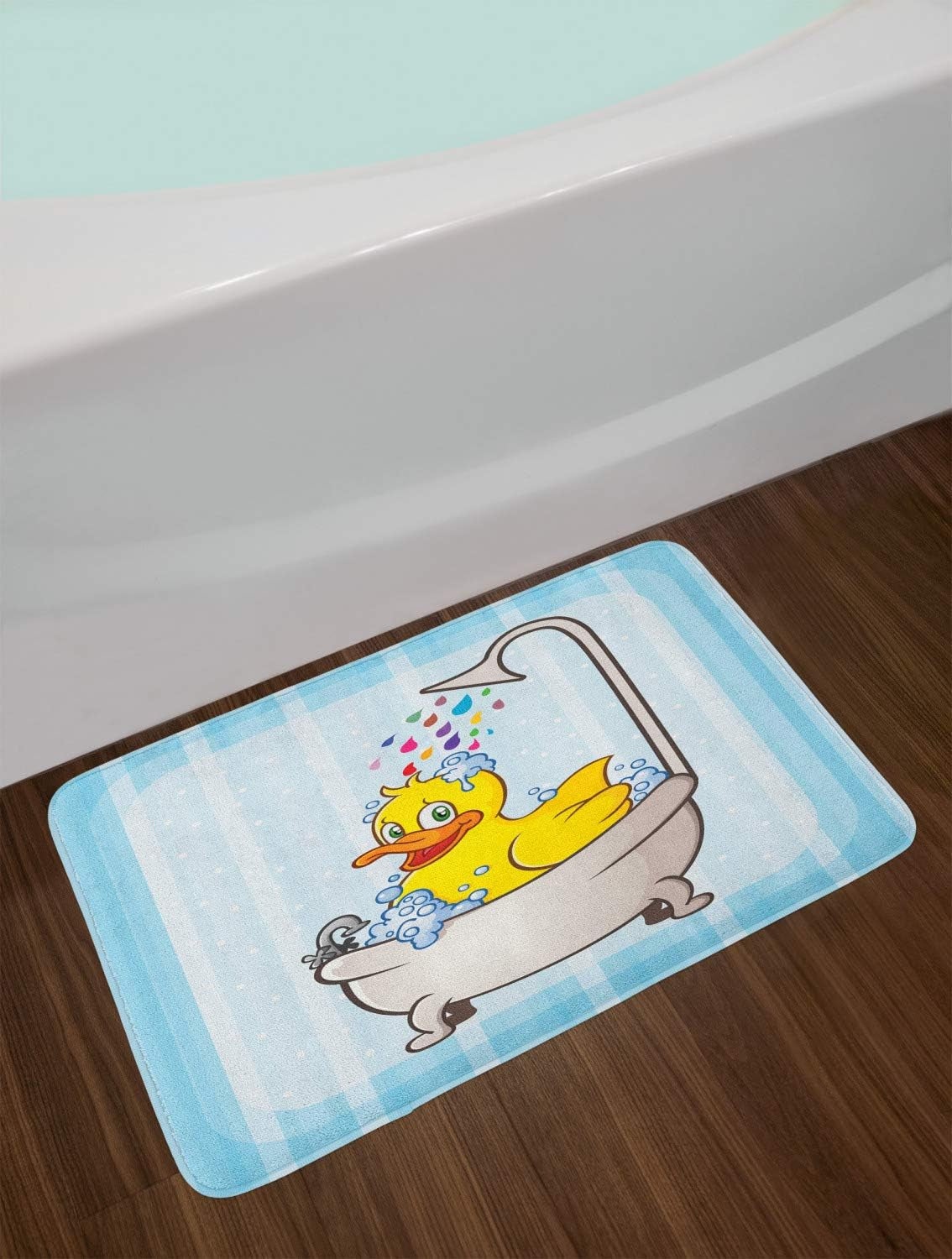 Duck Bath Mat, Cartoon Character Taking a Bath Colorful Drops Backdrop Dots, Plush Bathroom Decor Mat with Non Slip Backing, 30.2" X 20", Sky Blue
