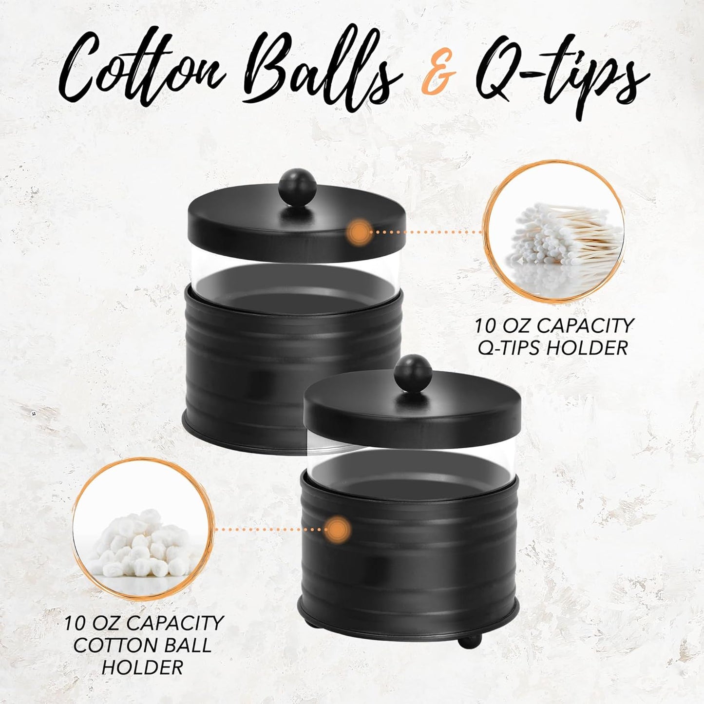 Deluxe Black Apothecary Jars Set, Black Bathroom Jars Qtip Holder Glass - Rustic Farmhouse Vanity Organizer for Bathroom Counter, Cotton Balls, Swabs, 2 Small Glass Jars with Lids