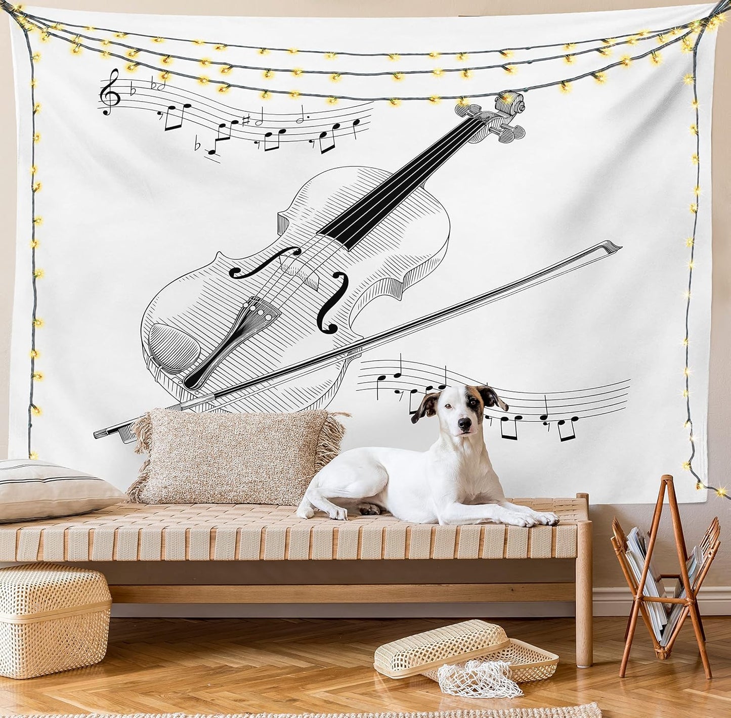 Violin Tapestry, Symphony Classical High Art Music Instrument Performing Cello Orchestra Print, Fabric Wall Hanging Decor for Bedroom Living Room Dorm, 45" X 30", Black and White
