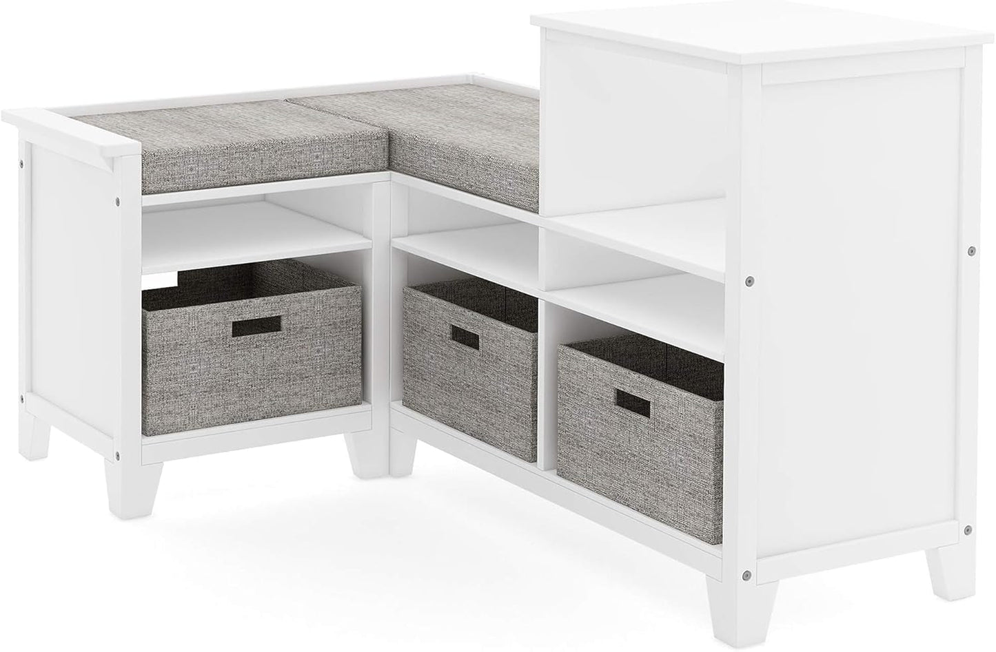 Kids' Corner Nook - Creamy White: Wooden Storage Bench Bookcase Organizer with Seat Cushion and Fabric Bins for Reading in Bedroom or Playroom