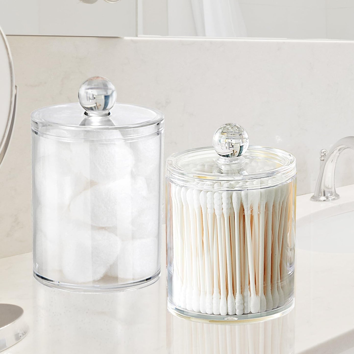 Bathroom Vanity Storage Organizer Canister Holder Apothecary Jars Set for Qtips,Cotton Balls,Swabs,Rounds,Makeup Sponges,Bath Salts,Premium Plastic Acrylic, Clear | 12Oz.And 15Oz.
