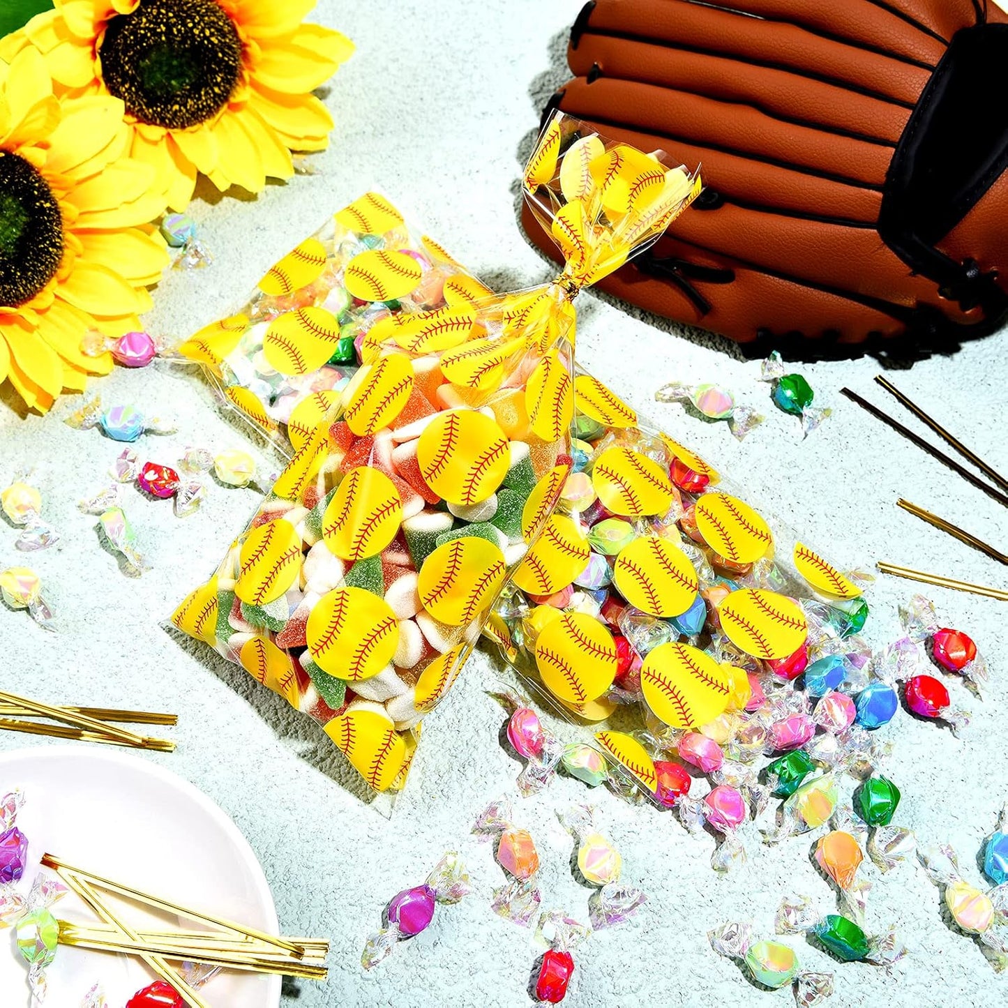 100 Pieces Softball Party Cello Bags Cellophane Softball Treat Bags with 200 Gold Twist Ties for Birthday Party Supplies Favors Cookie Candy Goody Gift Treat