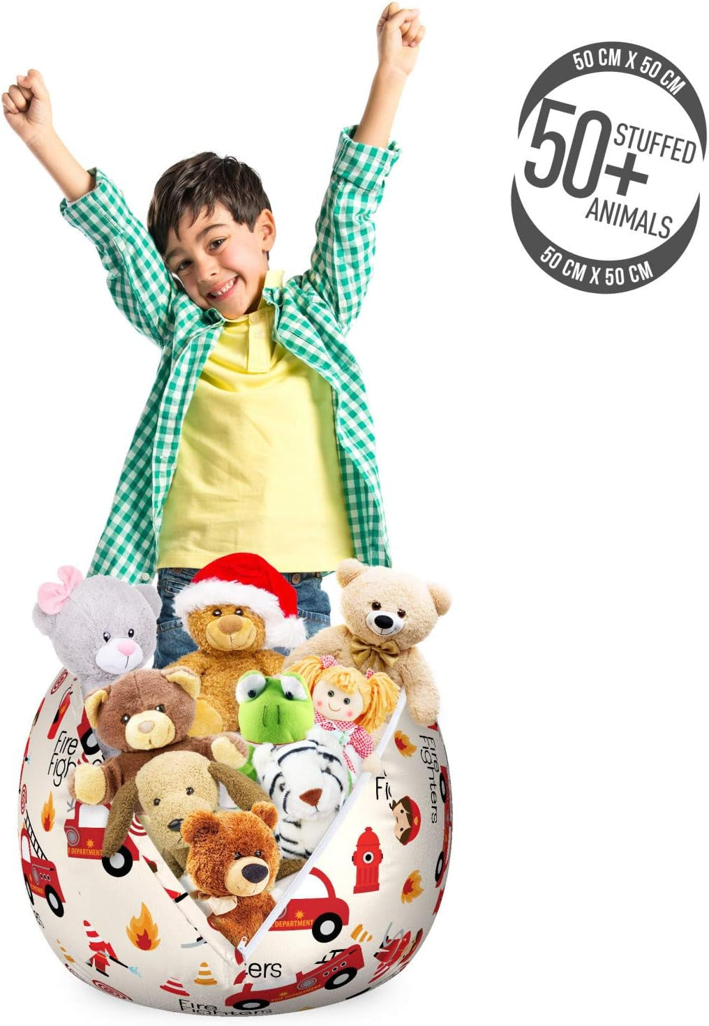 Truck Storage Toy Bag Chair, Little Boys and Girls in Uniforms Fighters Theme Career Profession Pattern, Stuffed Animal Organizer Washable Bag, Small Size, Red Cream