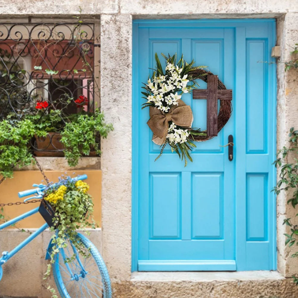 Easter Wreath with Cross Burlap Bow Rustic Grapevine Wreath Spring Decorating Farmhouse Decor Wall Home Decor Gift DIY Easter Front Door Wreath Decoration